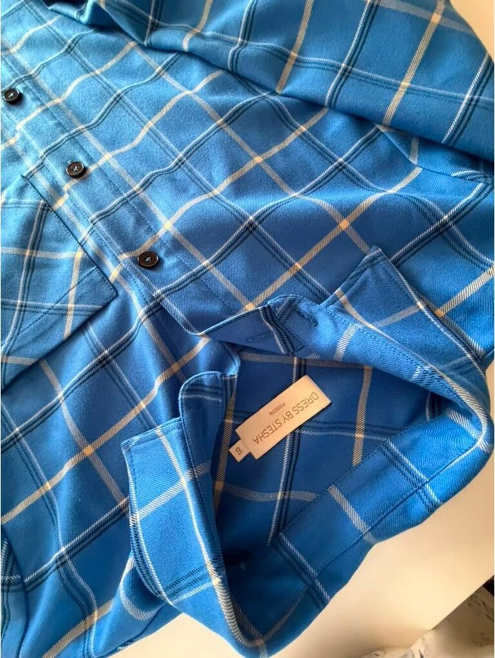 Dress by Stesha Moscow Designer Blue Plaid Oversized Button Down Shirt Size S-M - Picture 15 of 15